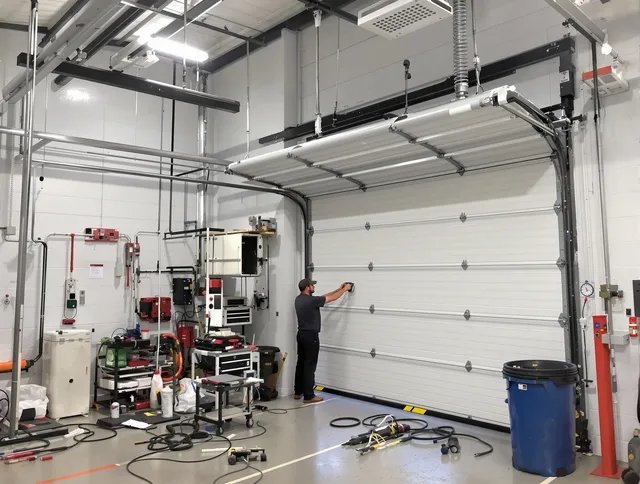 New Canaan Garage Door Repair certified technician performing commercial door repair at a New Canaan business facility