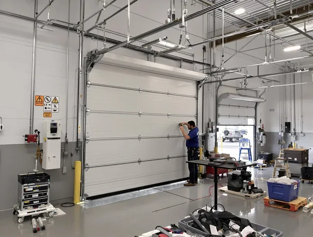 Commercial garage door repair being performed by New Canaan Garage Door Repair expert in New Canaan