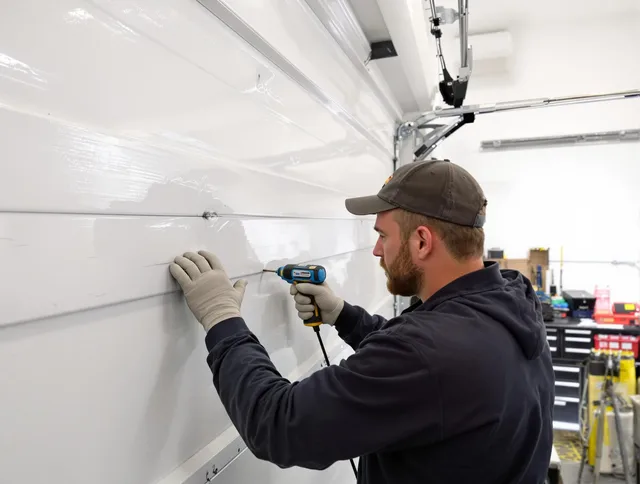 New Canaan Garage Door Repair technician demonstrating precision dent removal techniques on a New Canaan garage door