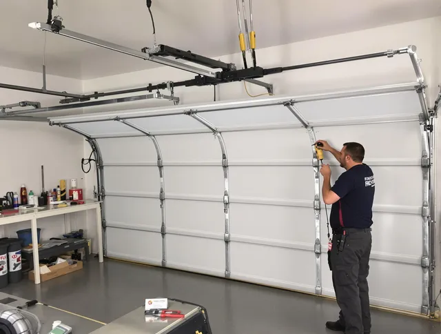 New Canaan Garage Door Repair certified technician performing overhead door system repair in New Canaan