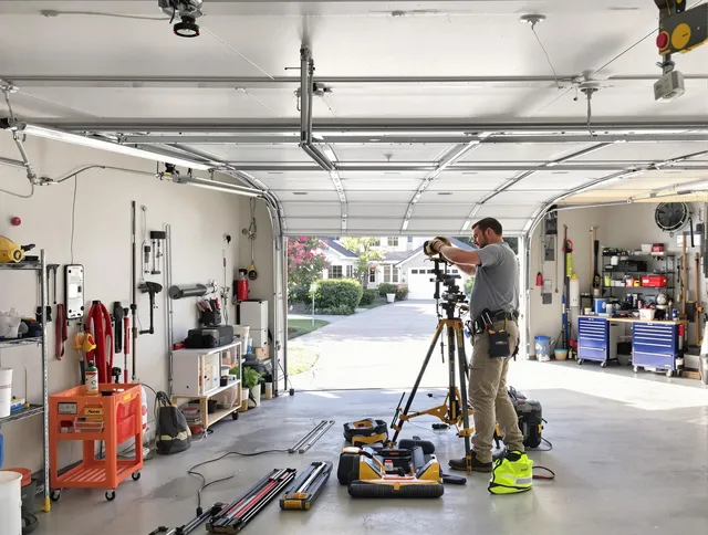 New Canaan Garage Door Repair specialist performing laser-guided track alignment in New Canaan